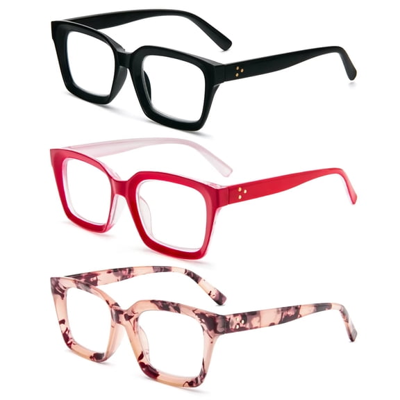 REAVEE 3 Pack Oprah Style Oversized Reading Glasses for Women Men Blue Light Blocking, Ladies Stylish RetroSquare Large Computer Readers (Black/Red/Pink Leopard 1.0x)