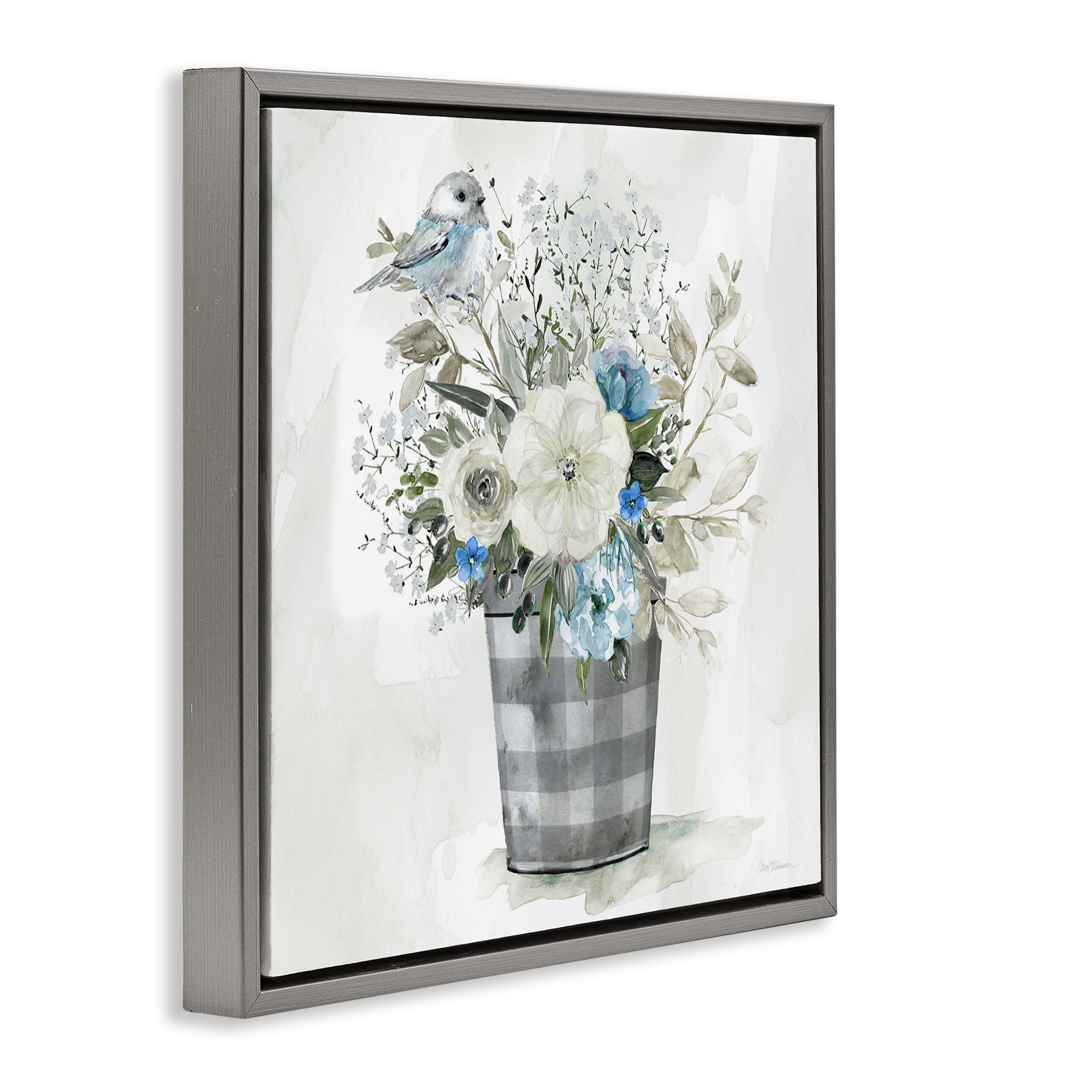 Stupell Industries Cottage Blooms Plaid Vase Plants & Flowers Painting Gray Floater Framed Canvas Art Print Wall Art, 25 x 25