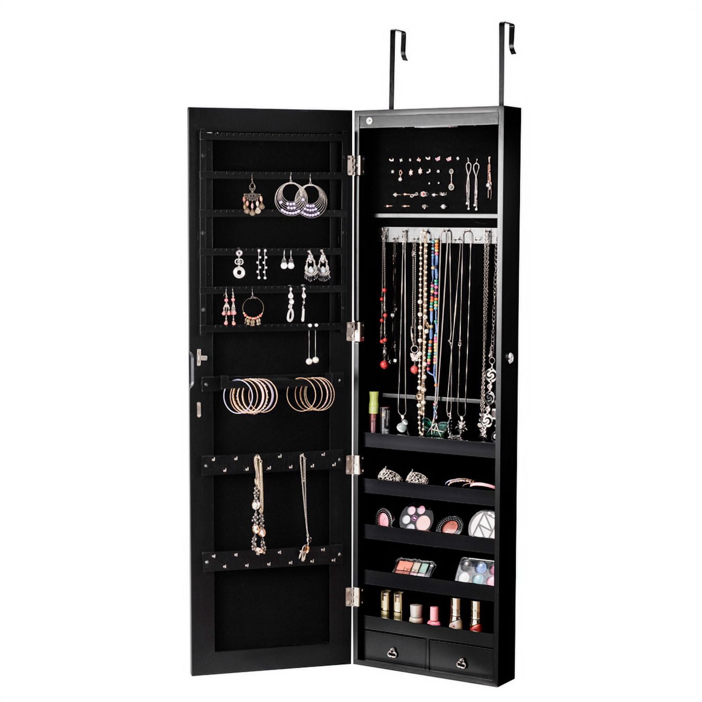 Patiojoy Lockable Wall Door Mounted Storage Organizer Mirrored Jewelry Cabinet w/ Lights Black