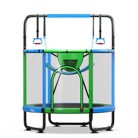 WOWLAND Trampoline for Kids 600LBS 60'' 5FT Toddler Trampoline, Outdoor & Indoor Trampoline with Handlebar, Enclosure, Basketball Hoop, Swing, Small Mini Trampoline for Toddlers, Gift for Kids