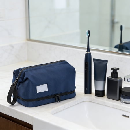 FEOLGEHLY Travel Toiletry Bag for Women and Men  Water-resistant Shaving Bag for Toiletries Accessories Foldable Makeup Storage Bags with Handle for Cosmetics Toiletries Brushes Tools Navy