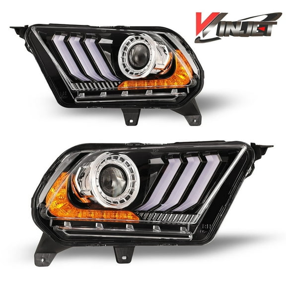 Winjet LED Headlights Assembly for 2010 2011 2012 Ford Mustang, Headlights with S550 Style LED DRL and Led Sequential Turn Signal Lights, Amber Projector, Dual Beam