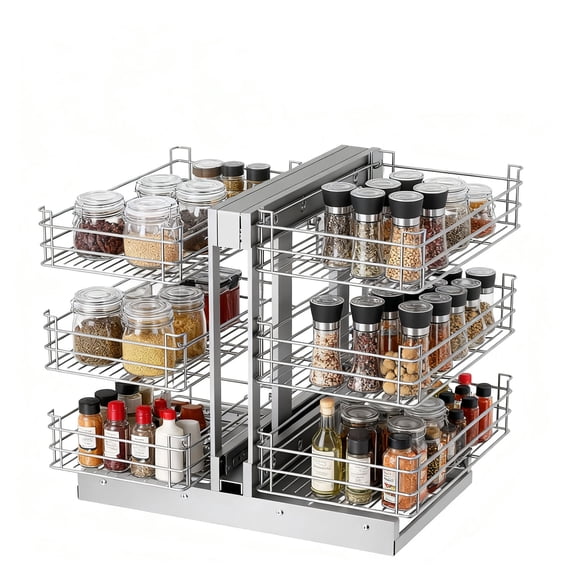 3 Tier 6 Shelf Blind Corner Pull Out Organizer,For Cabinets With Grid Design, Stainless Steel Kitchen Storage Organization, 103 Lbs Under Cabinet Organizer With Metal Glide Slot