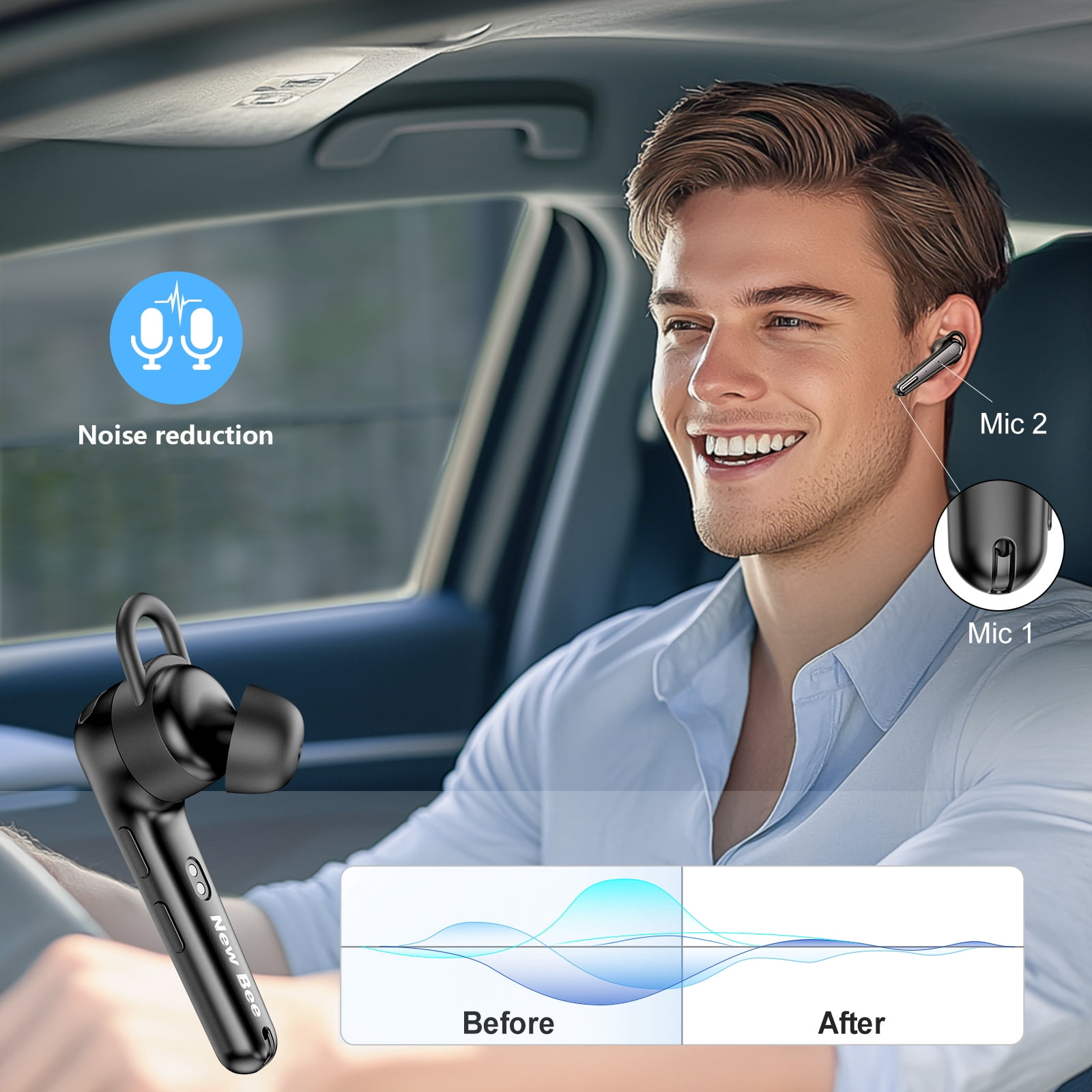New bee Bluetooth Headset,Wireless Bluetooth Earpiece with ENC Noise Canceling Mic,500mAh Charging Case 180H Standby, LED Display,Single-Ear Hands-Free for Driving/Office/Conference
