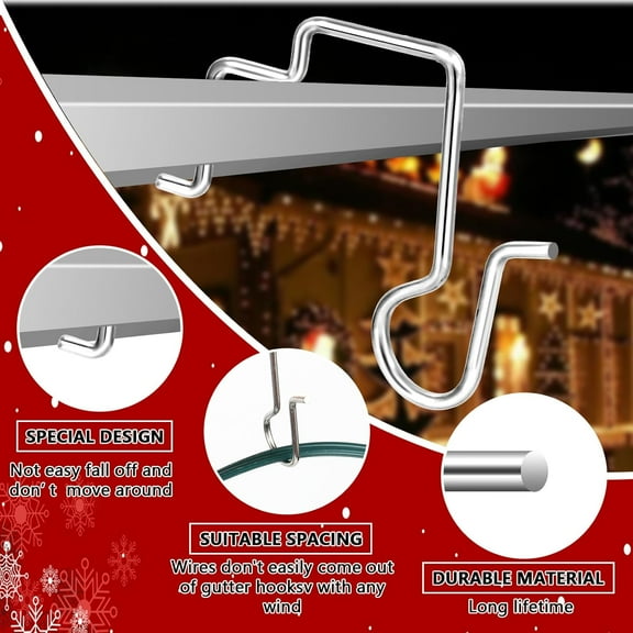 EISRUNGF- 100PCS Gutter Clips for Hanging Outdoor Lights, Gutter Guards Christmas Light Hooks Clips, Stainless Steel Gutter Hooks for Outdoor Halloween Christmas Lights (100)