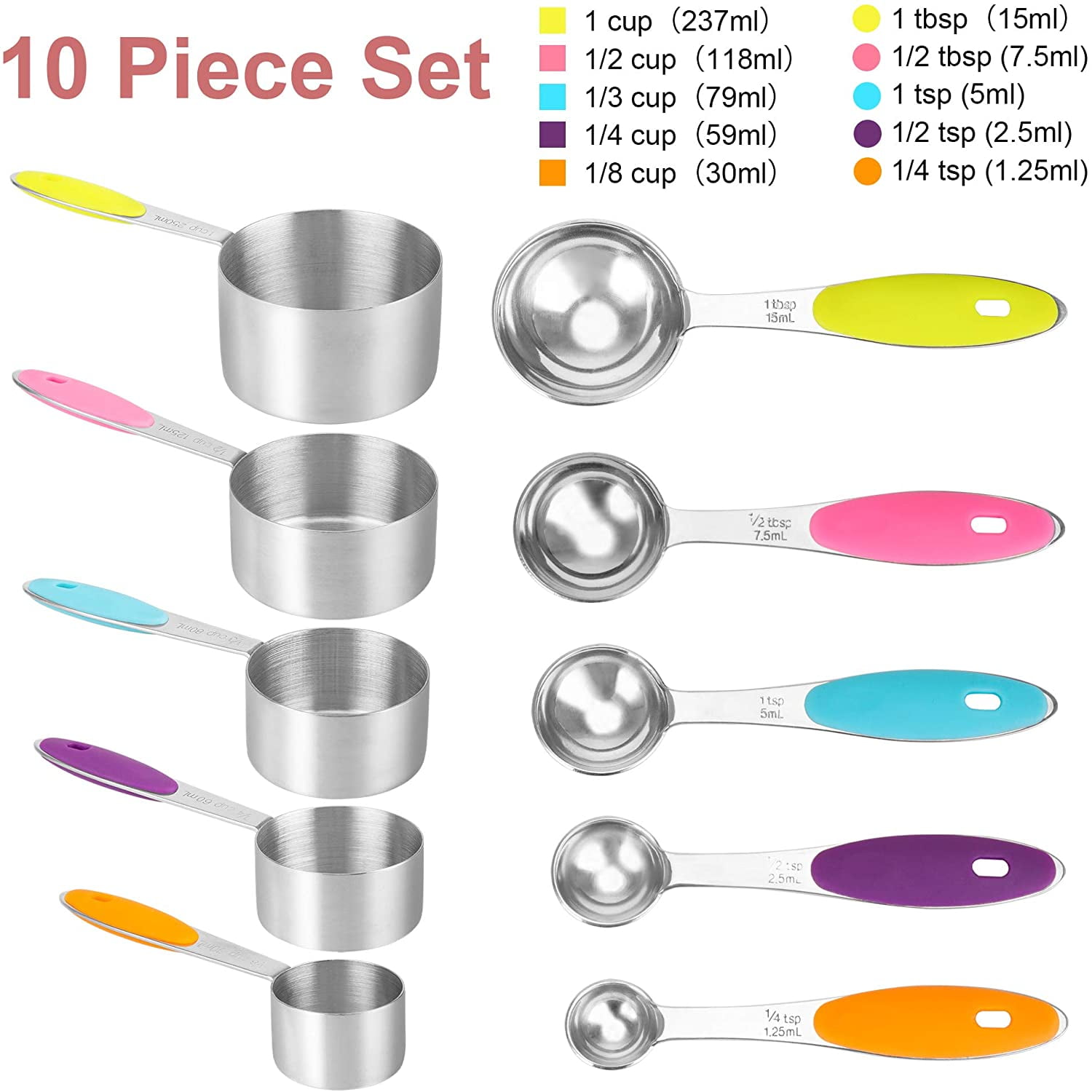 VOJACO Measuring Cups and Measuring Spoons, Measuring Cups and Spoons Set  of 10 Pieces, Stainless Steel Measuring Cup Set for Dry Liquid Food, Metal