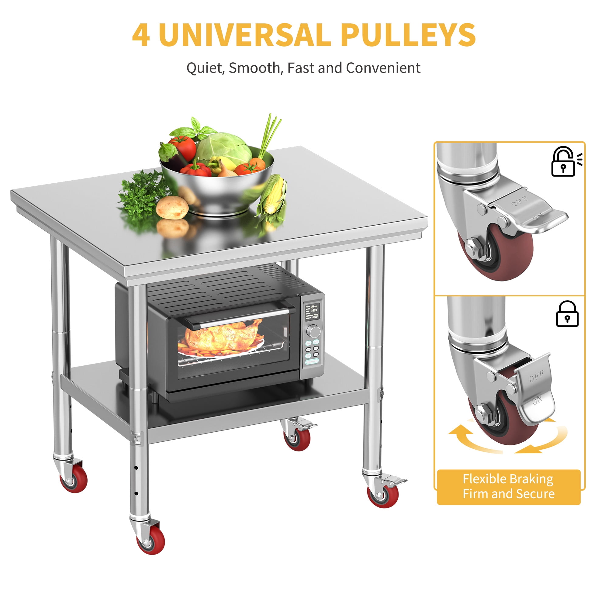 Uforic Commercial Stainless Steel Work Table with Wheels, 30" x 24", Adjustable Storage, Durable, Rust-Resistant 2-Shelf Utility Table