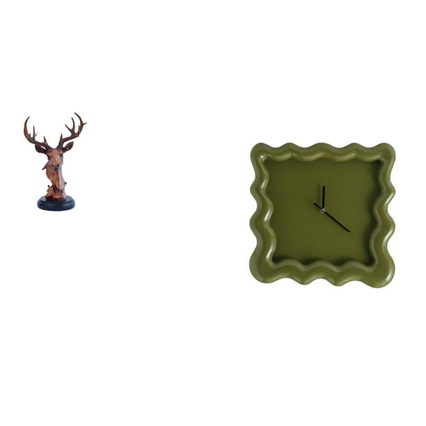Elegante Figura De Cabeza De Ciervo De Resina Y Reloj De Pared Cuadrado, Combinación De Estatua De Animal única Y Reloj Colgante Silencioso Para Decoración Del Hogar, Baño Y Cocina.