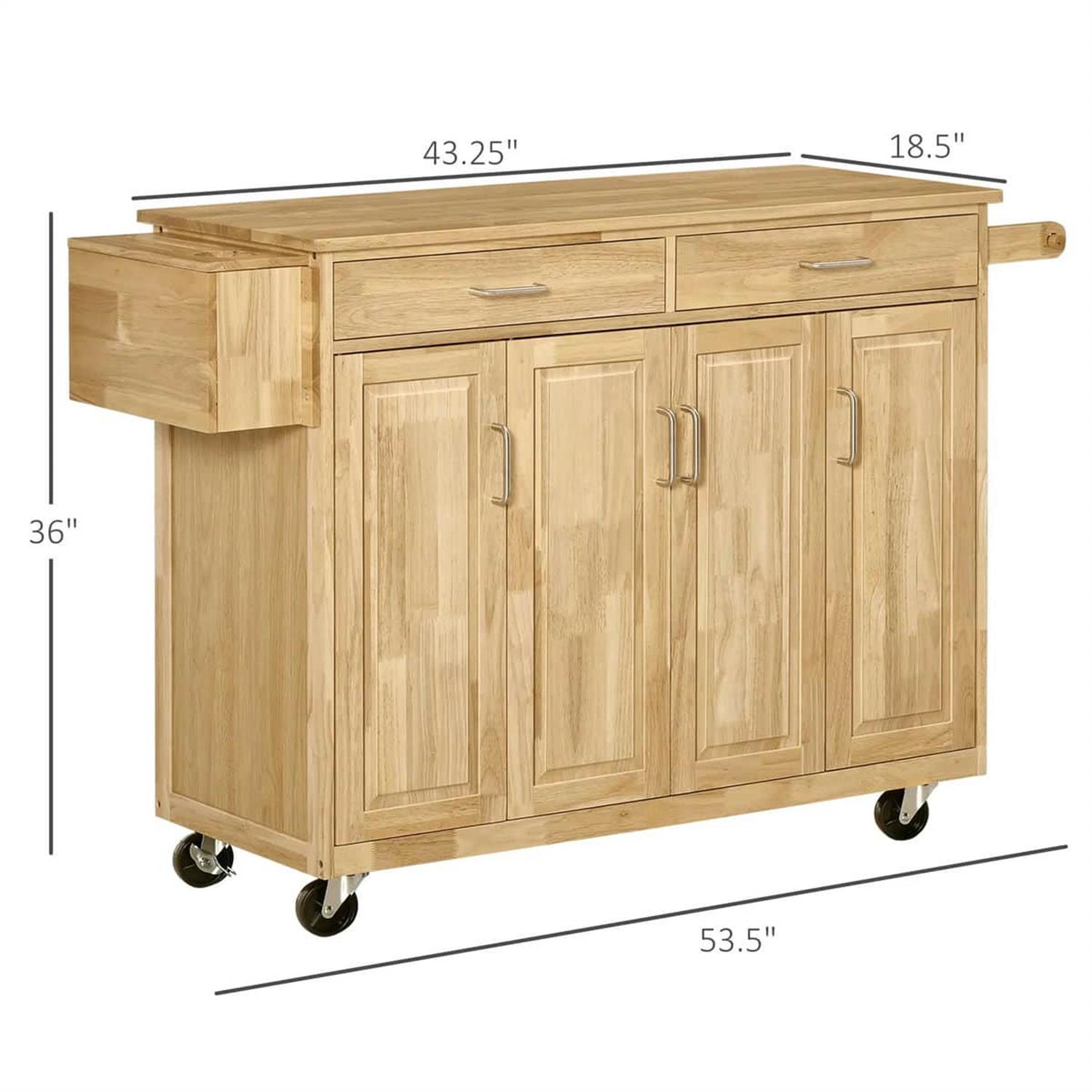 Demi Bonn 50" Rolling Kitchen Island, Natural Hardwood Cart with Drawers & Cabinets, Dining Room Microwave Cart, Wide Storage, Beige