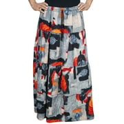Mogul Ladies Maxi Long Skirt Bohemian Fashion Tiered Elastic Waist Black Gray A-Line Gypsy Hippie Boho Skirts