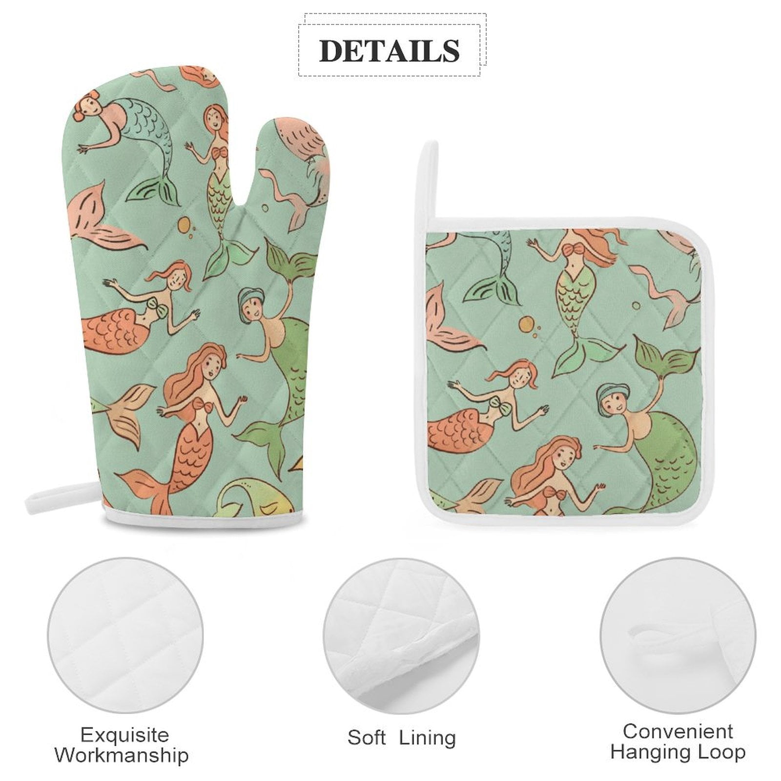 Ocean Cute Mermaid Insulated Gloves And Pot Mats (four Piece Set)