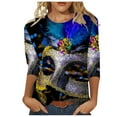 thumbnail image 2 of Aloohaidyvio Mardi Gras Shirts,Mardi Gras Masks Womens Round Neck Spliced Printed Seven Sleeve T-Shirt Tops,Mardi Gras Clothing Women Clearance, 2 of 5