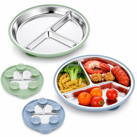 2-Pack Stainless Steel Baby Plates with Suction,8.26” Divided Toddler Plate,BPA-Free Stainless Steel Kids Plates for Dishwasher Safe,Non-Slip Silicone Base,Detachable Design (Blue,Green)