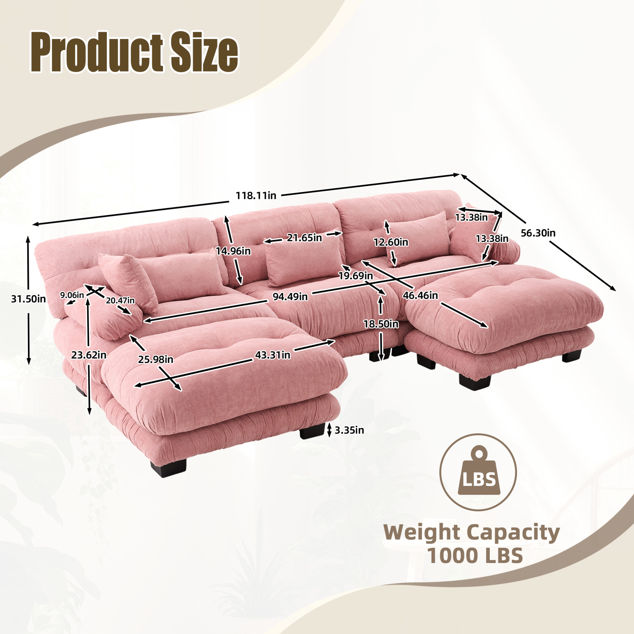 Noble House 3-Seater U-Shape Cloud Couch, Pelletized Velvet Sectional Sofa with Ottomans, Bolster Armrests, Pink