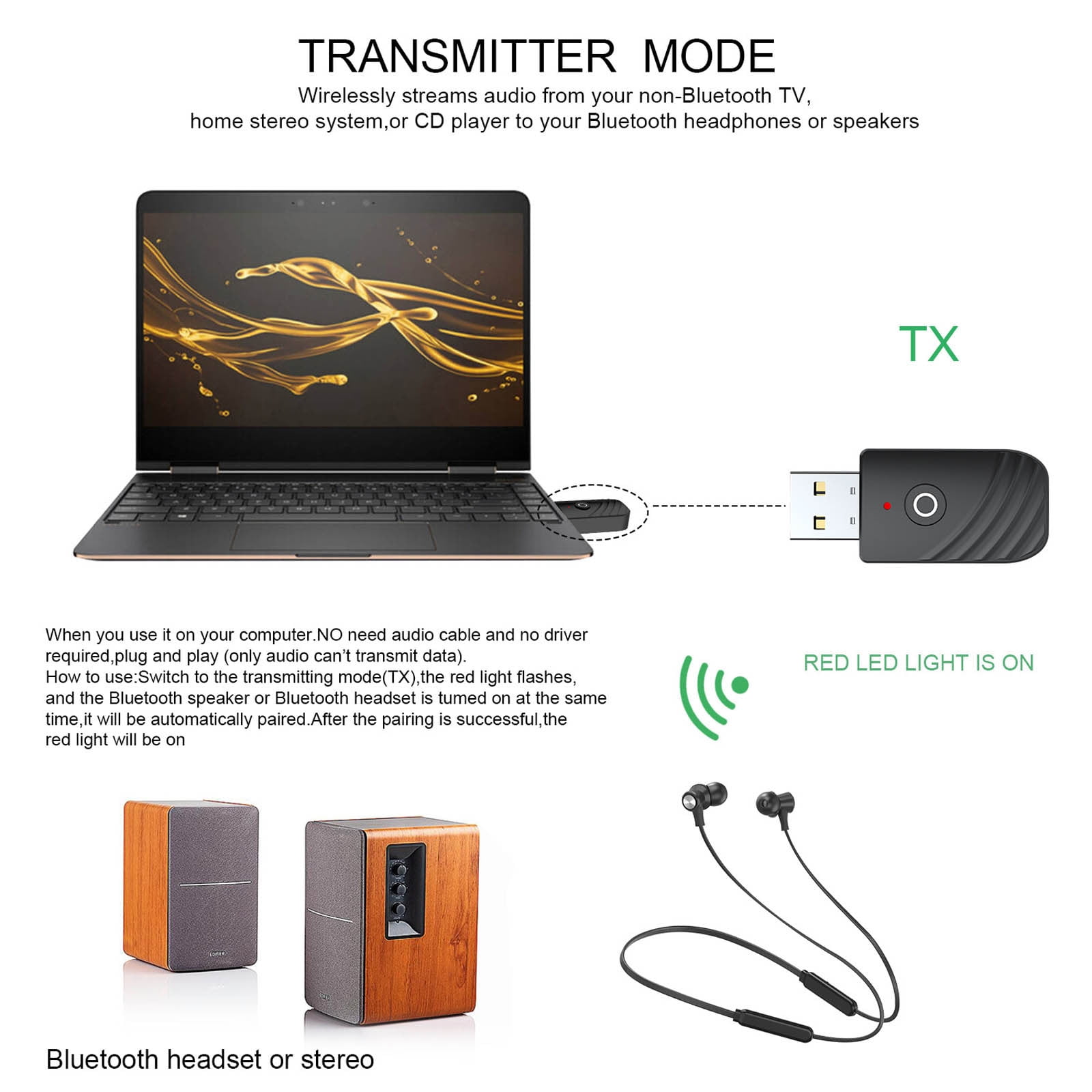 SHANFEILU USB BT 5.0 Adapter 4-in-1 Wireless Stereo Audio Adapter | Transmitter Receiver Adapter with 3.5mm AUX for Car Aux PC TV Speaker Home Audio System