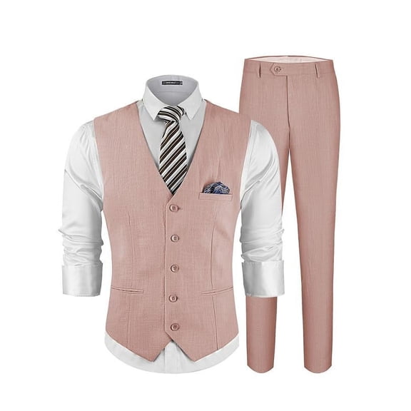 ETHAN Linen Suits for Wedding Men 2 Piece Suits Groomsmen Tuxedos Summer Beach Prom Vest and Pants Set Pink 4XL
