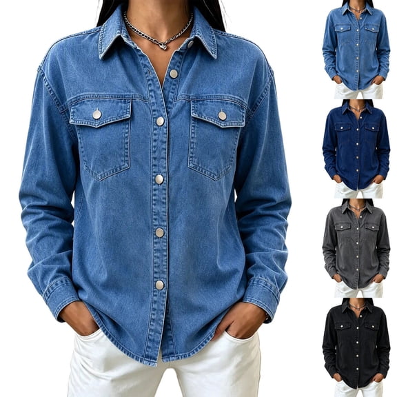 Women's Denim Shirt Jacket Sevevn Classic Button Down Long Sleeve Chest Pockets Relaxed Loose Fit Casual Jean Shacket Coat for Daily Outings Wear