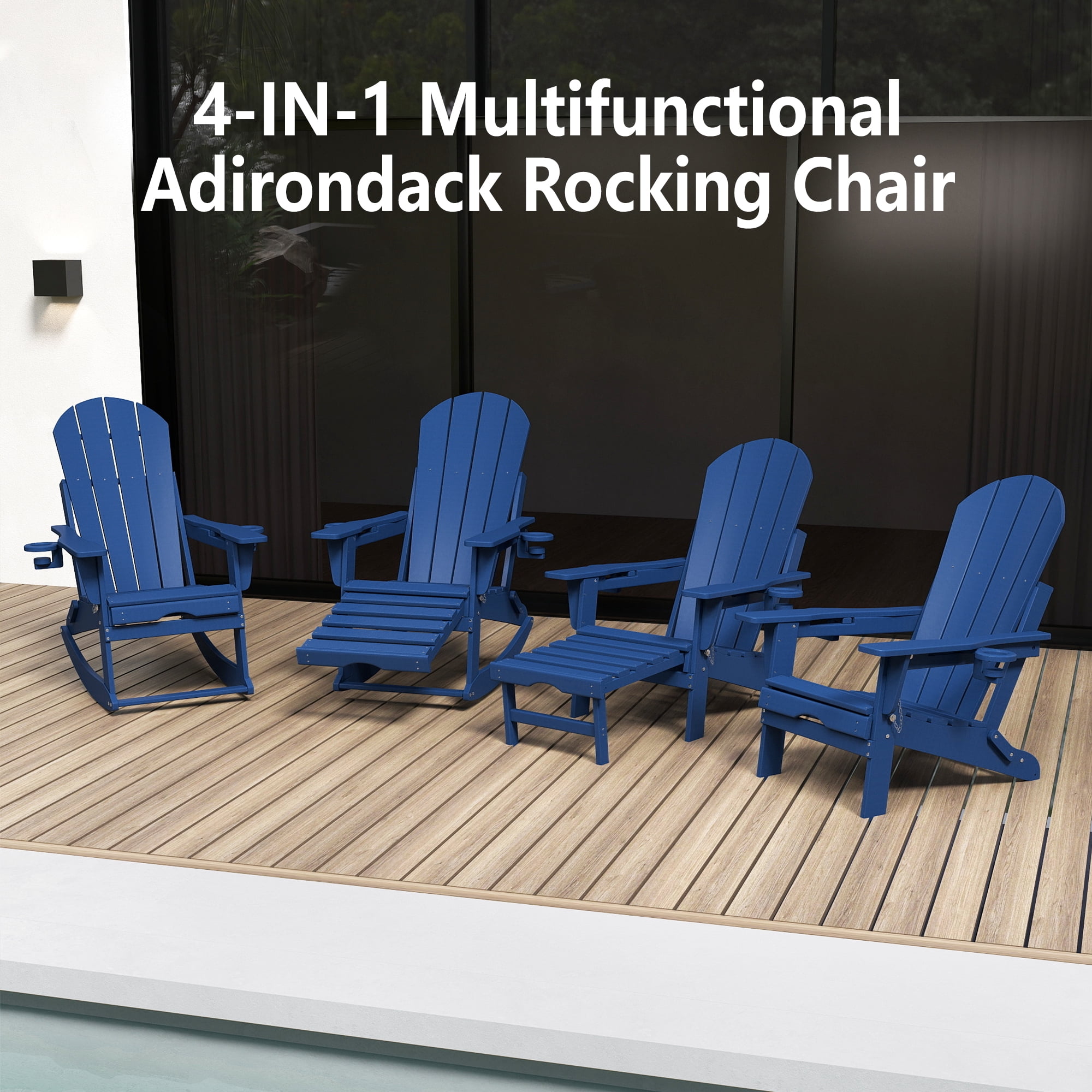 FOOWIN HDPE Plastic Rocking Adirondack Chair Set of 2, Folding Rocking Chairs for Patio Porch Rocker Chair, Blue