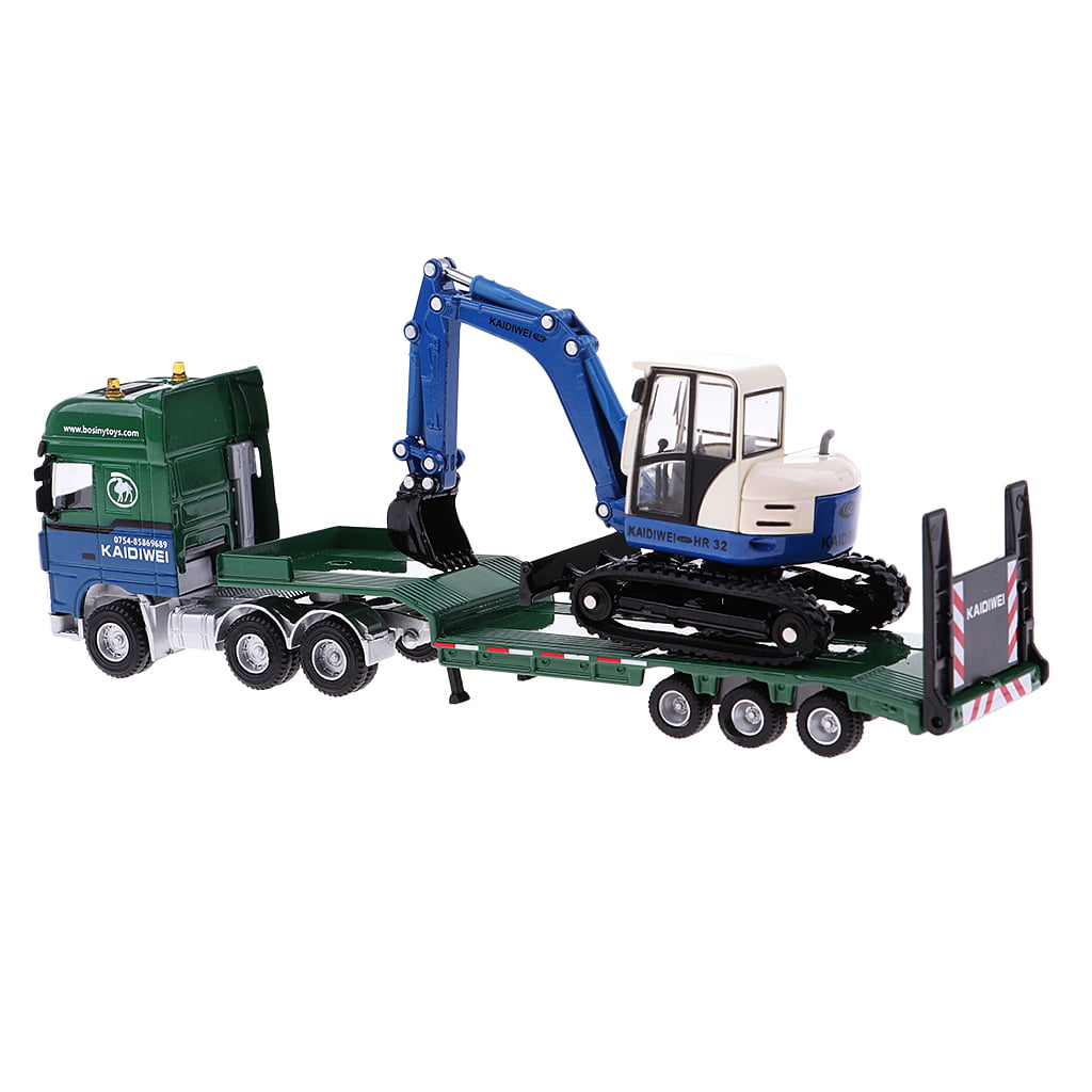 1/50 Scale Die-Cast Flatbed Trailer+Excavator Model Toy Mini for Scenery Layout 