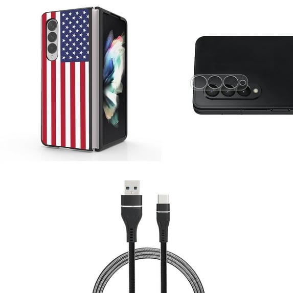 Accessory Bundle for Galaxy Z Fold 4: Slim Snap-On Case (American Flag), Rear Camera Glass Protector, Nylon Braided USB-C to USB-A Cable (3 Feet)