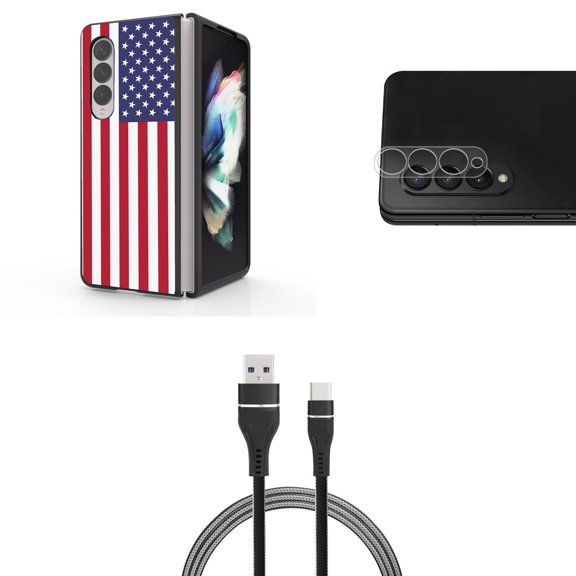 Accessory Bundle for Galaxy Z Fold 4: Slim Snap-On Case (American Flag), Rear Camera Glass Protector, Nylon Braided USB-C to USB-A Cable (3 Feet)