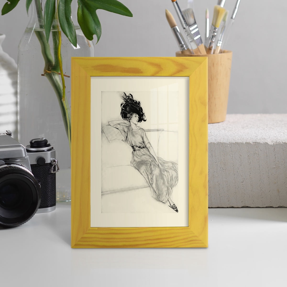 Feather Hat I -Framed Print w/glass-Sunflower Yellow