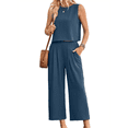 thumbnail image 2 of Women'S Summer 2 Piece Outfits Sleeveless Round Neck Tank Crop Basic Top Wide Leg Pants Set with Pockets Hidden Blue S, 2 of 6