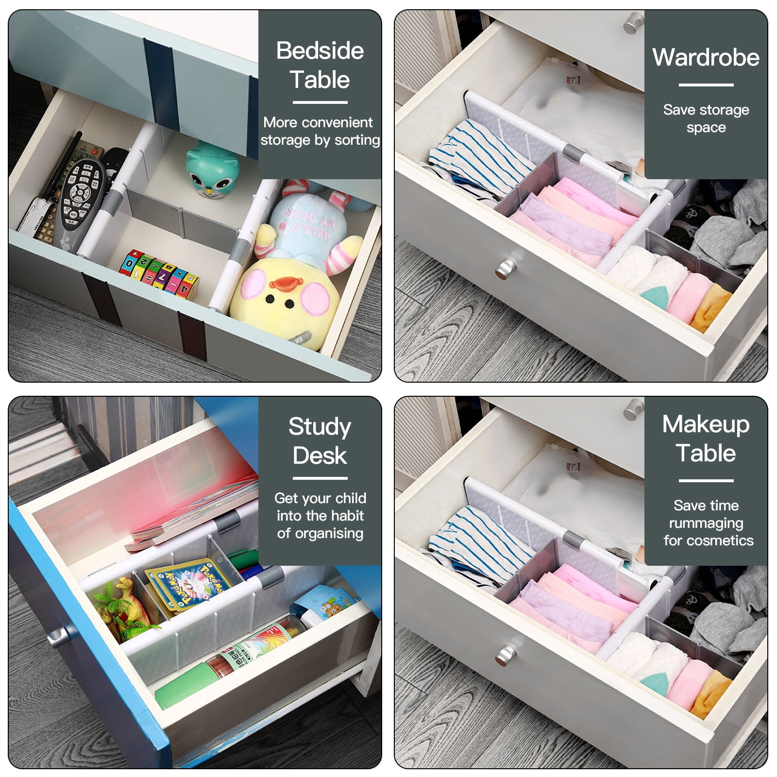 VEGCOO Drawer Dividers Organizer 4 Pack, Adjustable Drawer Separators with 16 Inserts 4" High Expandable from 11-17.5" for Home,Bedroom, Bathroom, Closet, Clothing, Office, Kitchen
