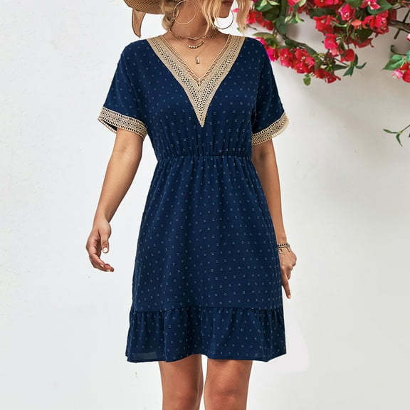 Summer Saving Wycnly Womens Dresses Elegant Lace Patchwork Elastic Waist Ruffle Swing Chiffon Dresses Summer Solid V-Neck Short Sleeve Formal Mini Dress Blue m