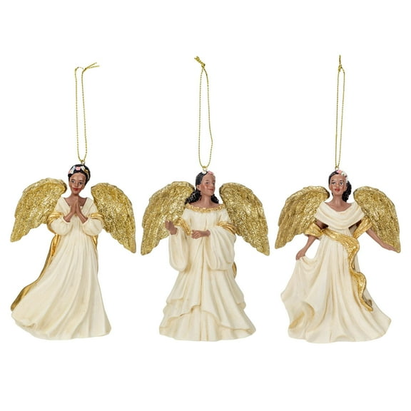 Kurt Adler Ivory and Gold African American Angel Christmas Ornaments, Set of 3 Assorted