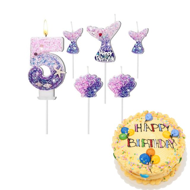PEACNNG 6 Pcs Birthday Candles 2.8” Mermaid Theme Birthday Cake the Number 0-9 Candles 1Pcs Number 3Pcs Mermaid Tail and 2Pcs Shell Candles for Birthday Decorations Mermaid Themed Part