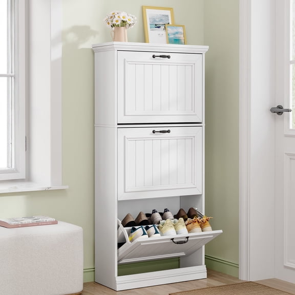 Hzuaneri 53.3"H Space‑Saving Slim Wooden Shoe Organizer, Freestanding Cabinet with 3 Flip Drawers & Adjustable Dividers, Stores 16‑18 Pairs, for Entryway & Hallway, White