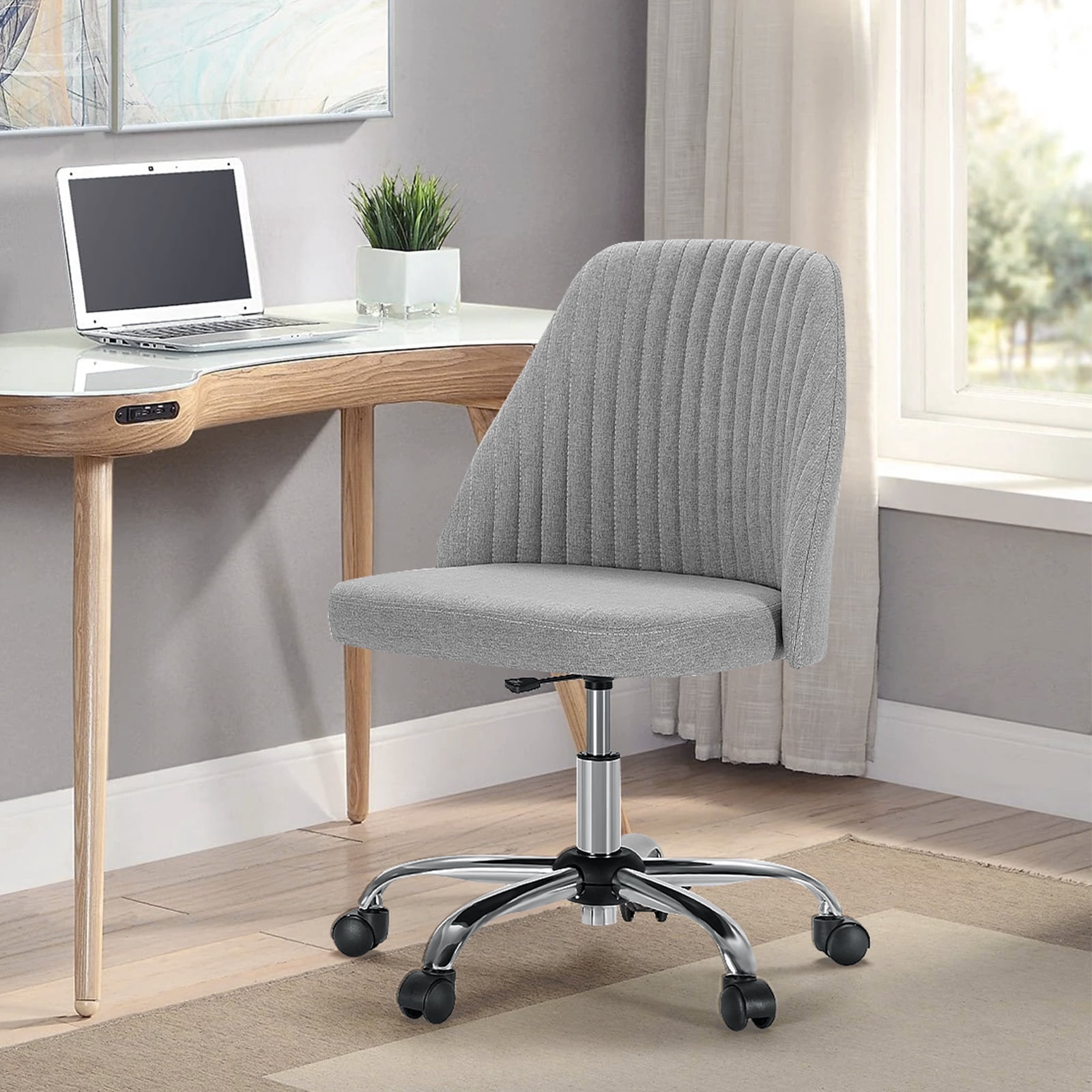 edx Vanity Chair, Armless Desk Chair with Wheels, Adjustable Swivel Fabric Makeup Chair, Comfortable Home Office Task Computer Chair, Gray