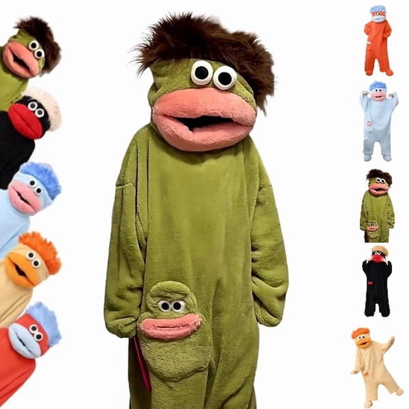 Big Mouth Monster Onesie with Giant Comb, Green Frog Pajamas, Fleece Silly Onesie with Hood and Pocket for Party/Loungewear Green L