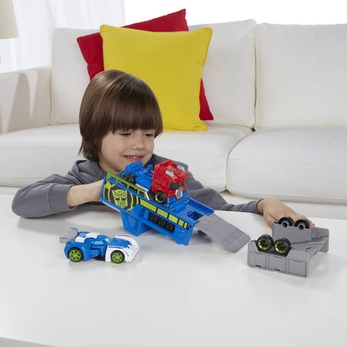 playskool heroes transformers rescue bots optimus prime racing trailer