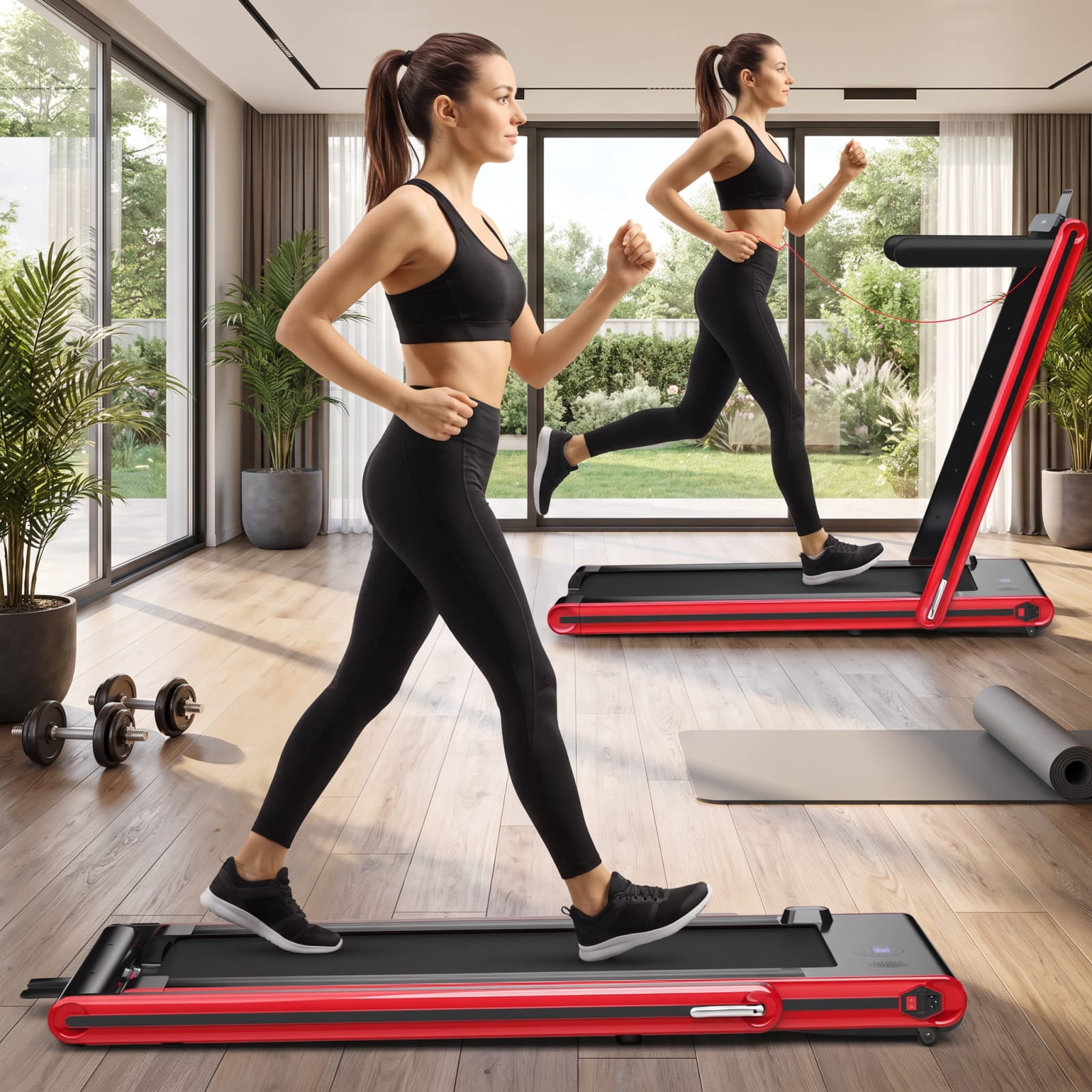 Airfind 2 in 1 Folding Treadmill with 2.25 HP Motor and Dual LED Display for Home Office Under Desk Walking and Jogging, Red