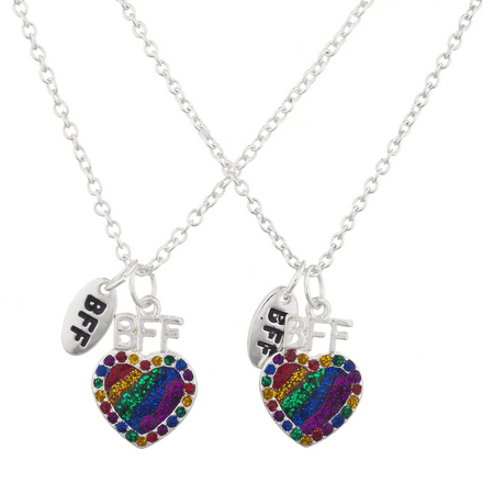 Lux Accessories Silver Tone Gay Pride Heart BFF Best Friends Necklace Set