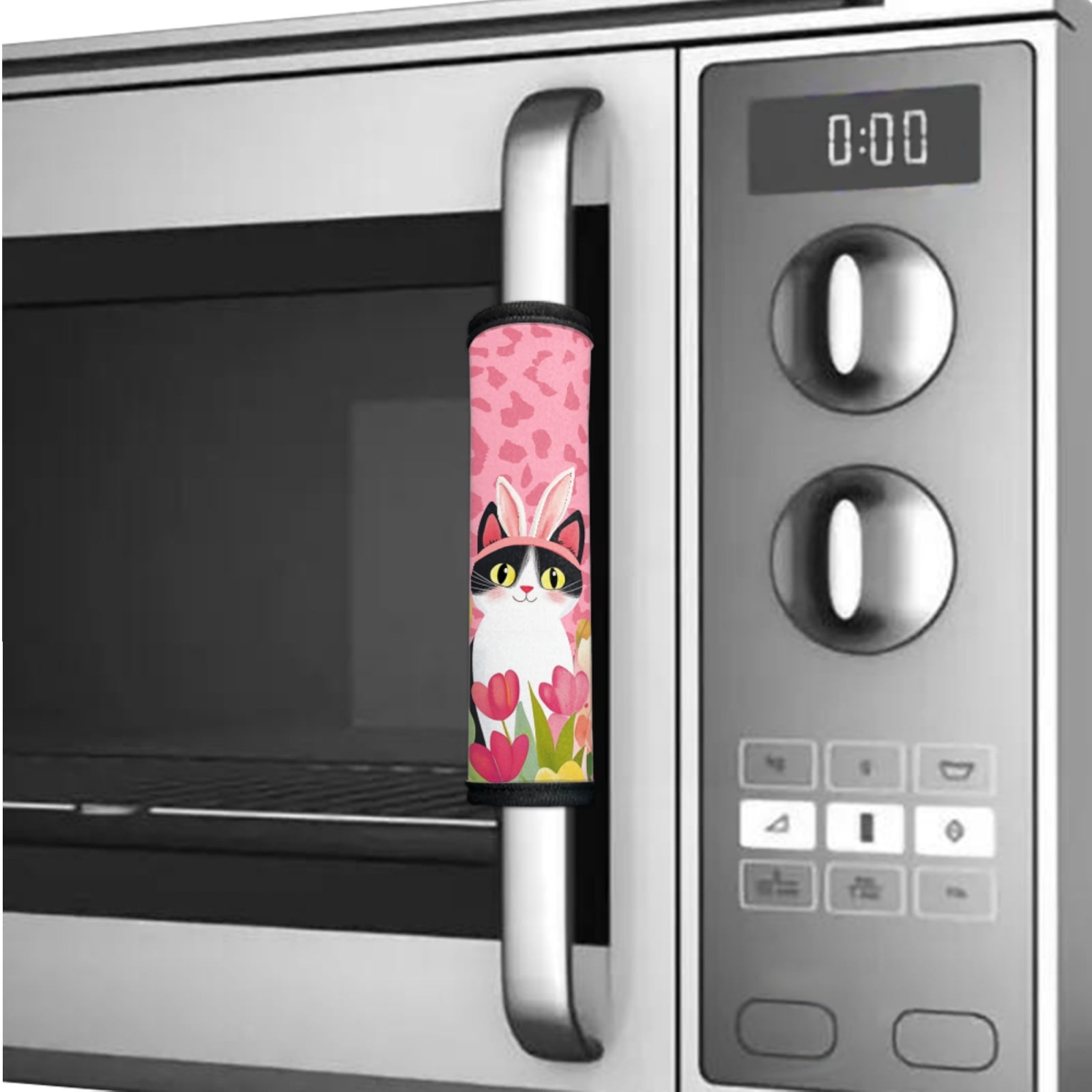 SEANATIVE 6 PCS Fridge Microwave Door Handle Covers Kitchen Appliance Decor Handles Washable Refrigerator Kitchen Cabinet Dishwasher Door Cloth Protector, Bunny Ear Cat Tulip Leopard Print Pink