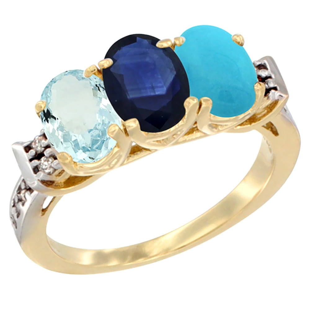 10K Yellow Gold Natural Aquamarine, Blue Sapphire & Turquoise Ring 3-Stone Oval 7x5 mm Diamond Accent, sizes 5 10 by WorldJewels