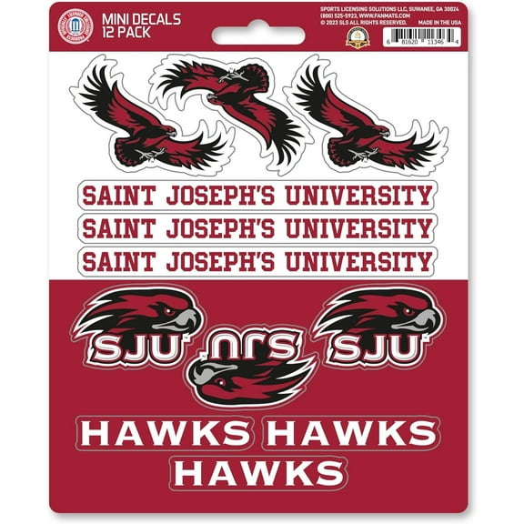 St Joseph University Hawks 12-Piece Mini Decal Sticker Set, 5x6 Inch Sheet, Gift for football fans for any hard surfaces around home, automotive, personal items