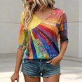 thumbnail image 2 of DHFJKG Tshirts Shirts For Women Boho Top Rainbow Print 3/4 Sleeve V Neck Loose Fit Graphic Tees Retro Bohemian Versatile Tops, 2 of 6
