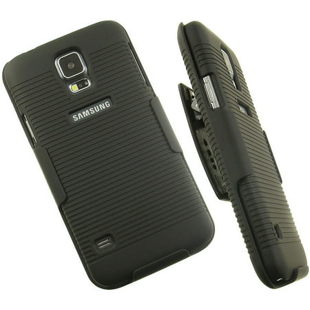 BLACK RUBBERIZED HARD CASE + BELT CLIP HOLSTER STAND FOR SAMSUNG GALAXY S5