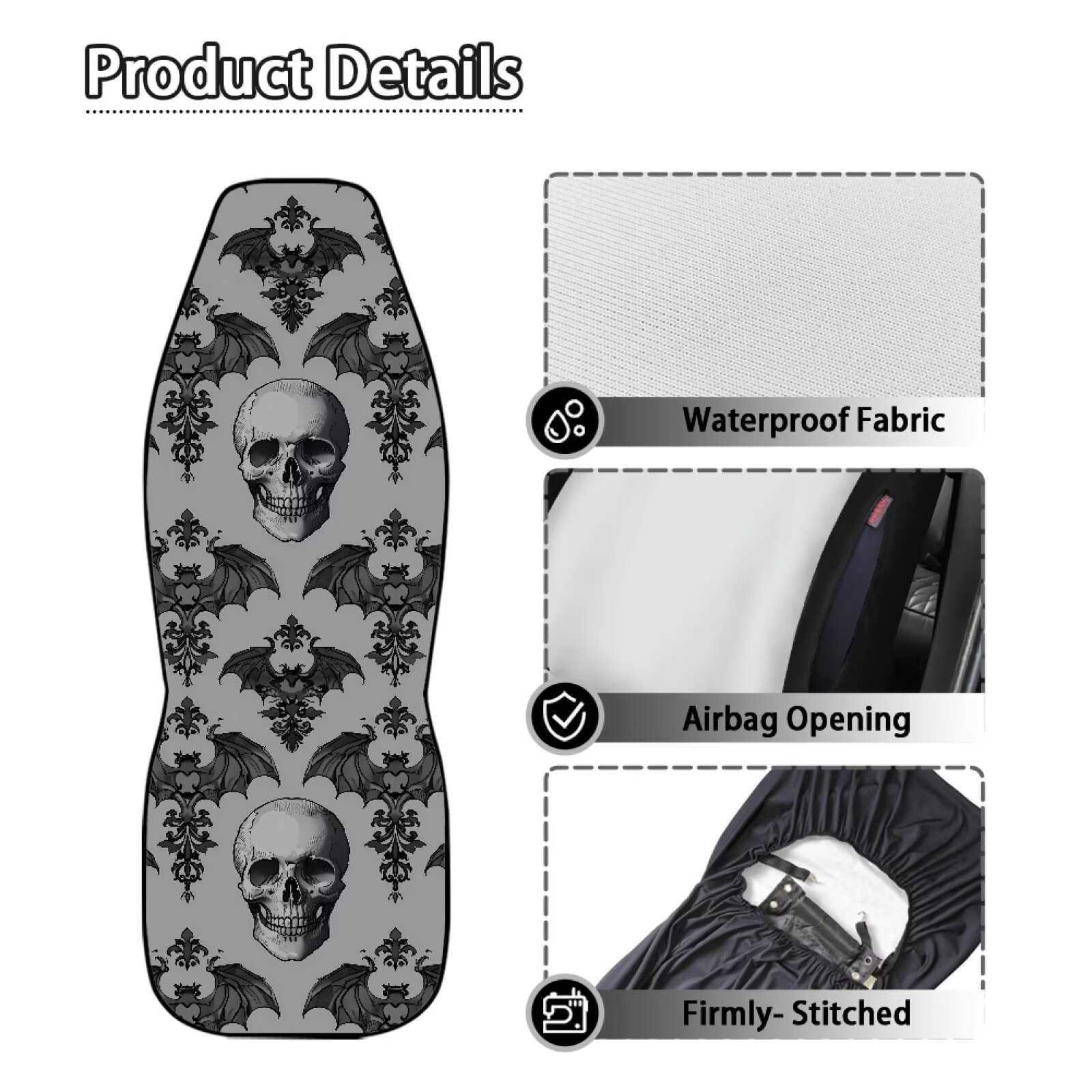 Binienty Skull Front Seat Covers for Cars Waterproof Grey Bats Automotive Seat Covers & Accessories for SUV Truck Sedan Van, Airbag Compatible Vehicle Bucket Cushion Cover, 2 Pack