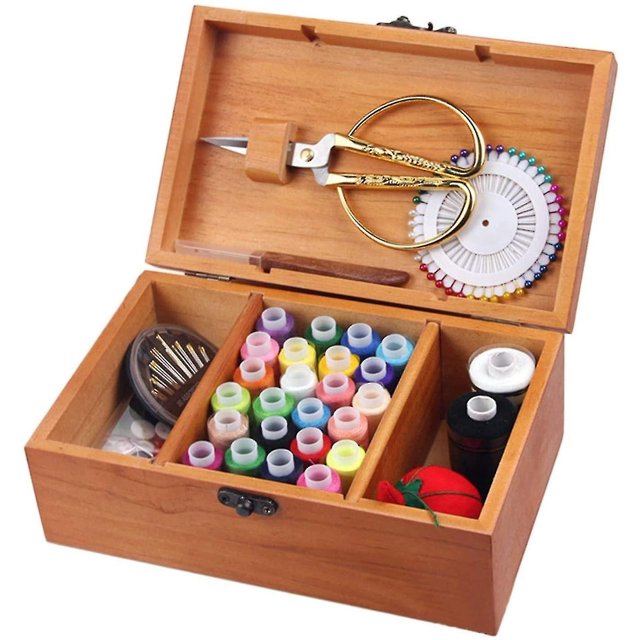 Cesta de costura de madera / caja de costura con accesorios de kit de costura - Caja para organizador con cesta de almacenamiento de madera con mano profesional