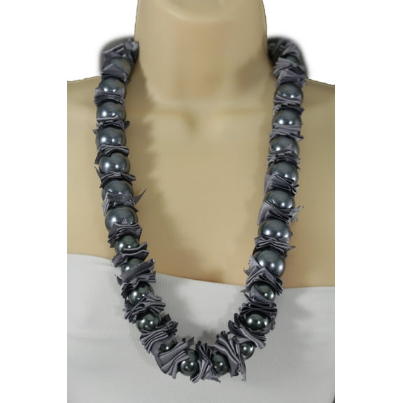Women Tie Long Gray Fabric Fashion Necklace Big Imitation Pearl Bead Classic