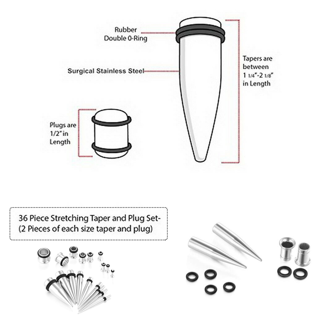 vcmart 14G-00G Ear Gauges Tapers and Tunnels Gauge Stretching Kit O-Rings Included 316L Stainless Steel Gauging Plugs