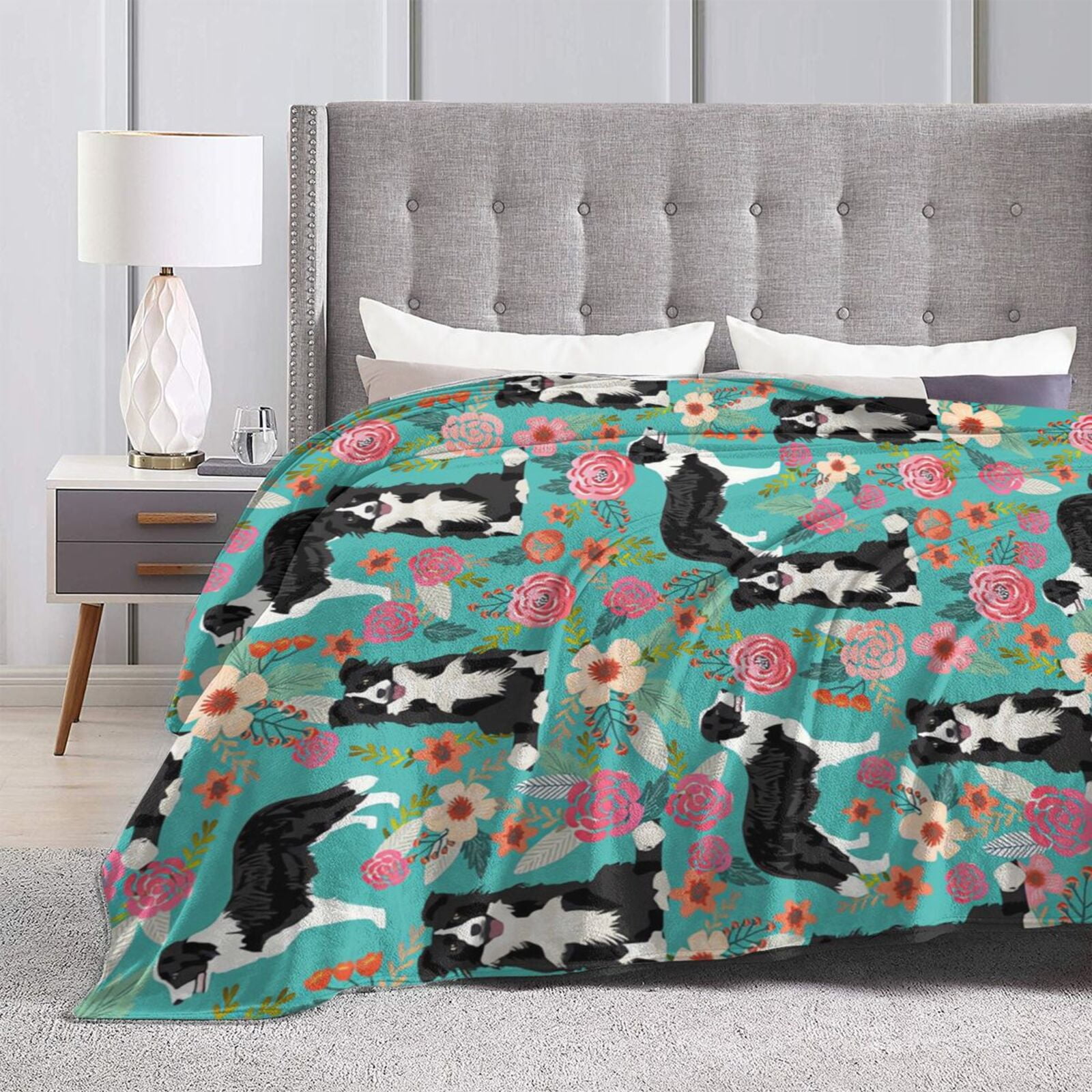 Wijzvio Border Collie Dogs Flower Floral Throw Blanket Soft Fuzzy Fleece Blanket For Couch Bed Living Room Decoration 60"X50"