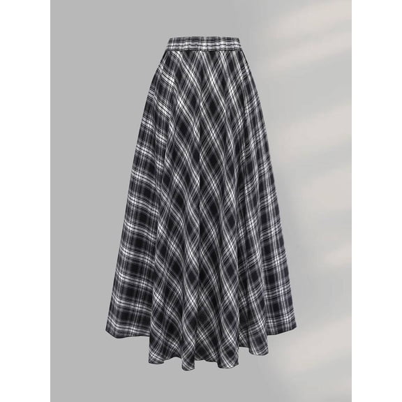 Women Plus Size Plaid Print Long Skirt, Elastic Waist Full Swing Maxi Skirt, Elegant Casual Skirt for Daily and Special Occasions