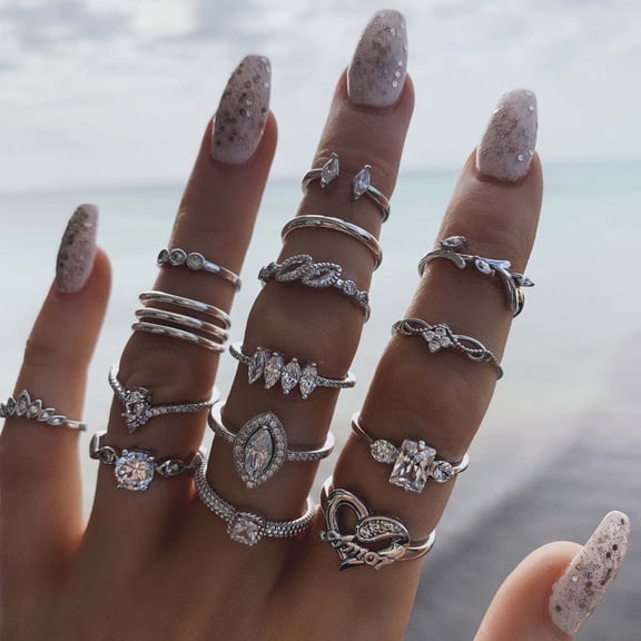 Soumake 15Pcs/Set Finger Ring Individuality Creative Alloy Different Patterns Rhinestone Rings for Daily Life