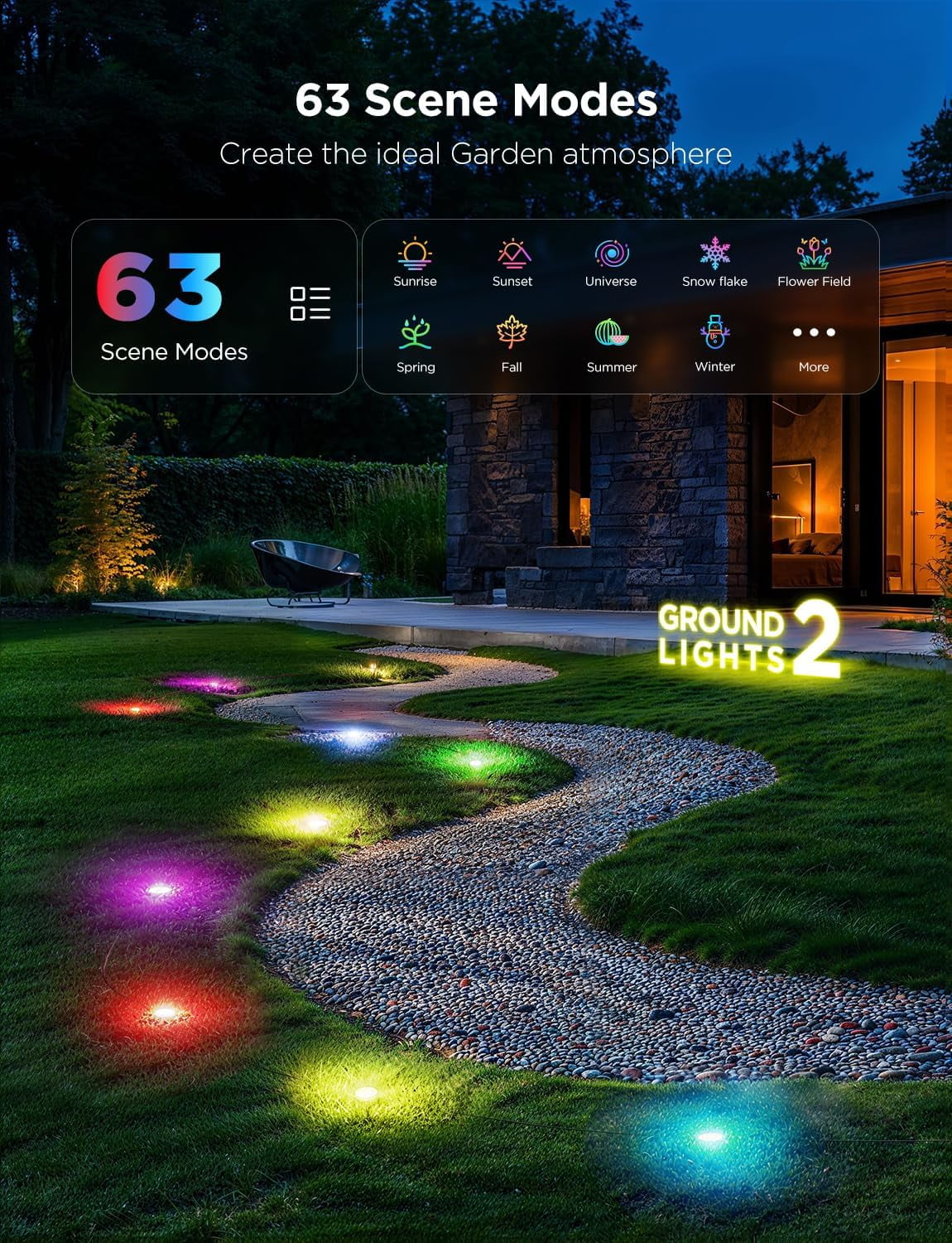 Govee Outdoor Ground Lights 2, 15 Pack RGBIC Pathway Lights with 100LM Warm White, IP67 Waterproof, 63 Scene Modes, Works with Alexa, Google Assistant